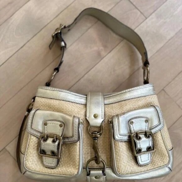 COACH LEGACY STRAW RAFFIA GOLD LEATHER SHOULDER HANDBAG PURSE - Picture 9 of 15